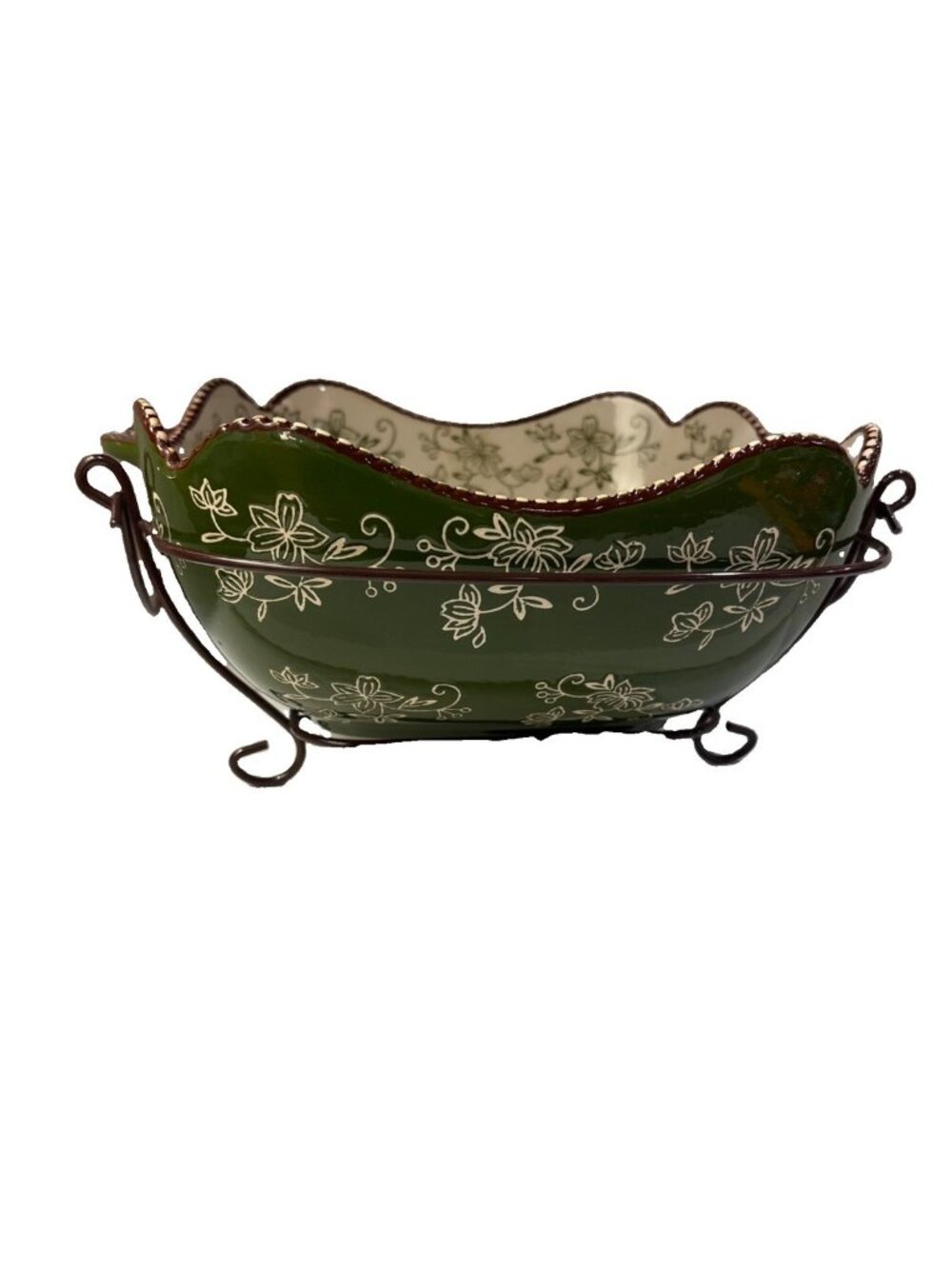 Temp-Tations Green Floral Lace 2.5 Qt Serving Bowl with Wire Stand 10x 10” READ